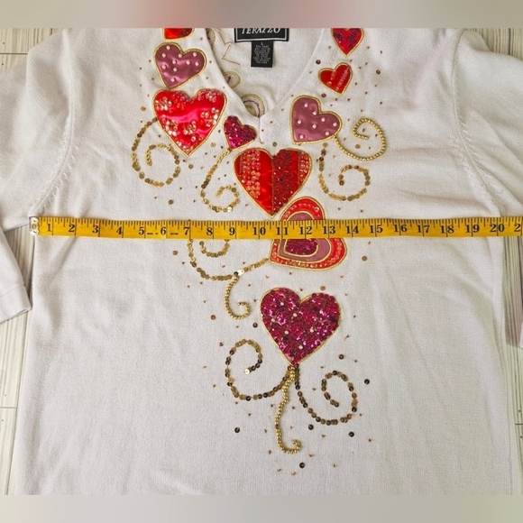 Vintage Terazzo Beaded and Embroidered Valentine's Day Sweater in White Sz Large - Picture 5 of 12